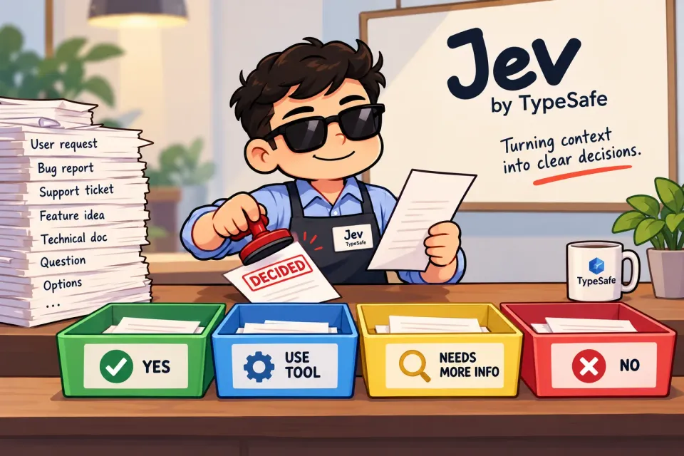 Illustration of Jev sorting requests into trays labeled yes, use tool, needs more info, and no