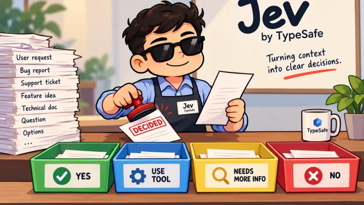 Illustration of Jev sorting requests into trays labeled yes, use tool, needs more info, and no
