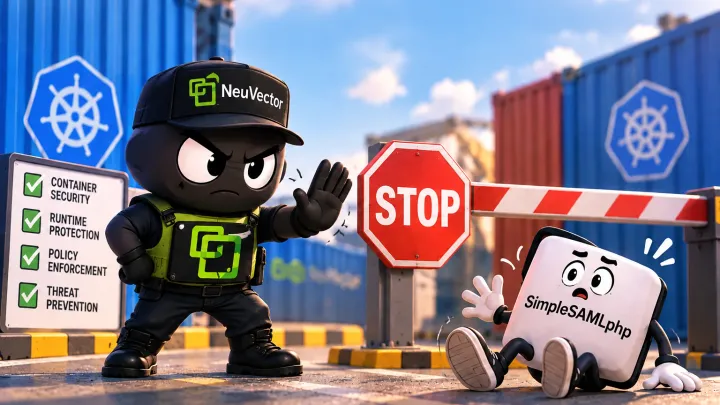 Illustration of NeuVector stopping SimpleSAMLphp at a barrier in a Kubernetes environment